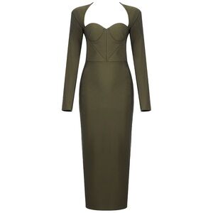 Slim Midi Bodycon Party Dress (Color: Green, Size : Large) NEW